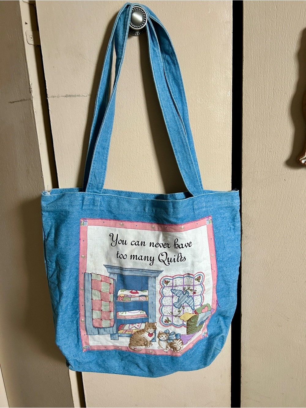 Handmade Denim Canvas Tote Bag With Cottage Core Grandma Core Cat Quilt Print